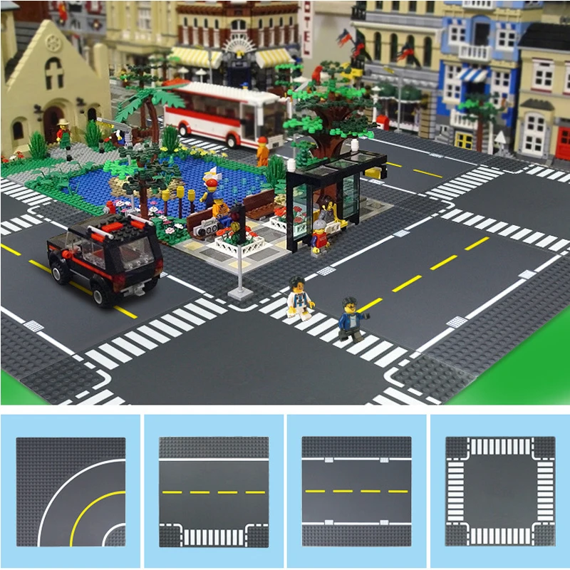 DIY City Road Street Baseplate Straight Crossroad Curve Splicing Baseboard Creator Building Blocks Base Plate Bricks Kids Toys