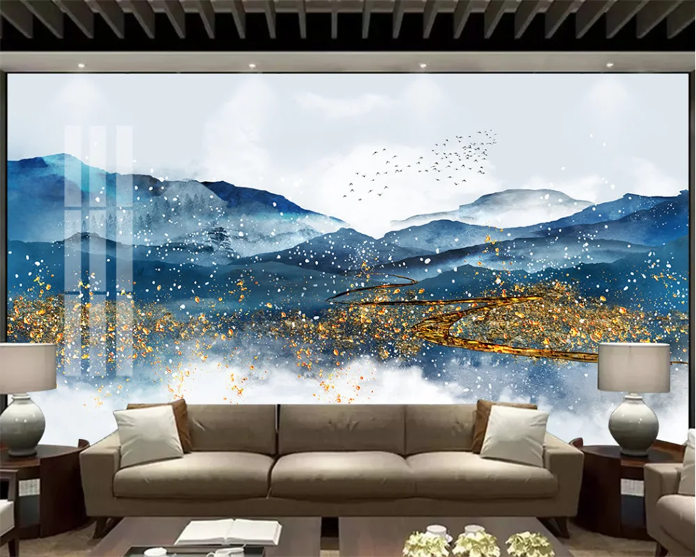 

beibehang Custom modern new bedroom living room blue ink landscape background wallpaper wall papers home decor papier peint