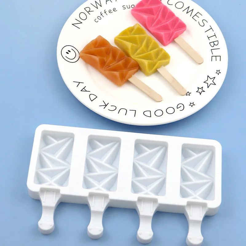 Silicone Ice Cream Mold 4-Cavity Diamond Freeze Ice Cream Maker DIY Dessert Mould Form for Popsicle Chocolate Cake Mold Reusable