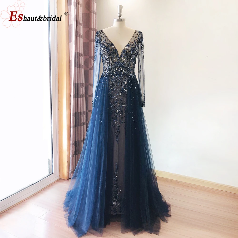 Elegant Mermaid Evening Dress for Women 2024 Long Sleeves V Neck Luxury Crystal Tulle Formal Prom Wedding Party Gowns Customized