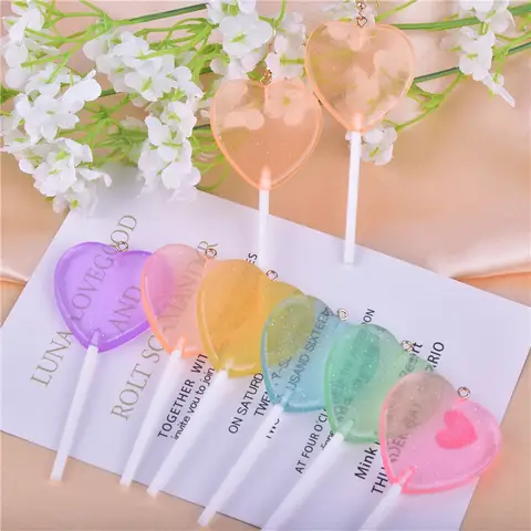 10 uds/12 unidades por paquete de dijes de resina de piruleta de corazón con purpurina ostentosa para pendientes, llaveros, fabricación de joyas, 85x22mm