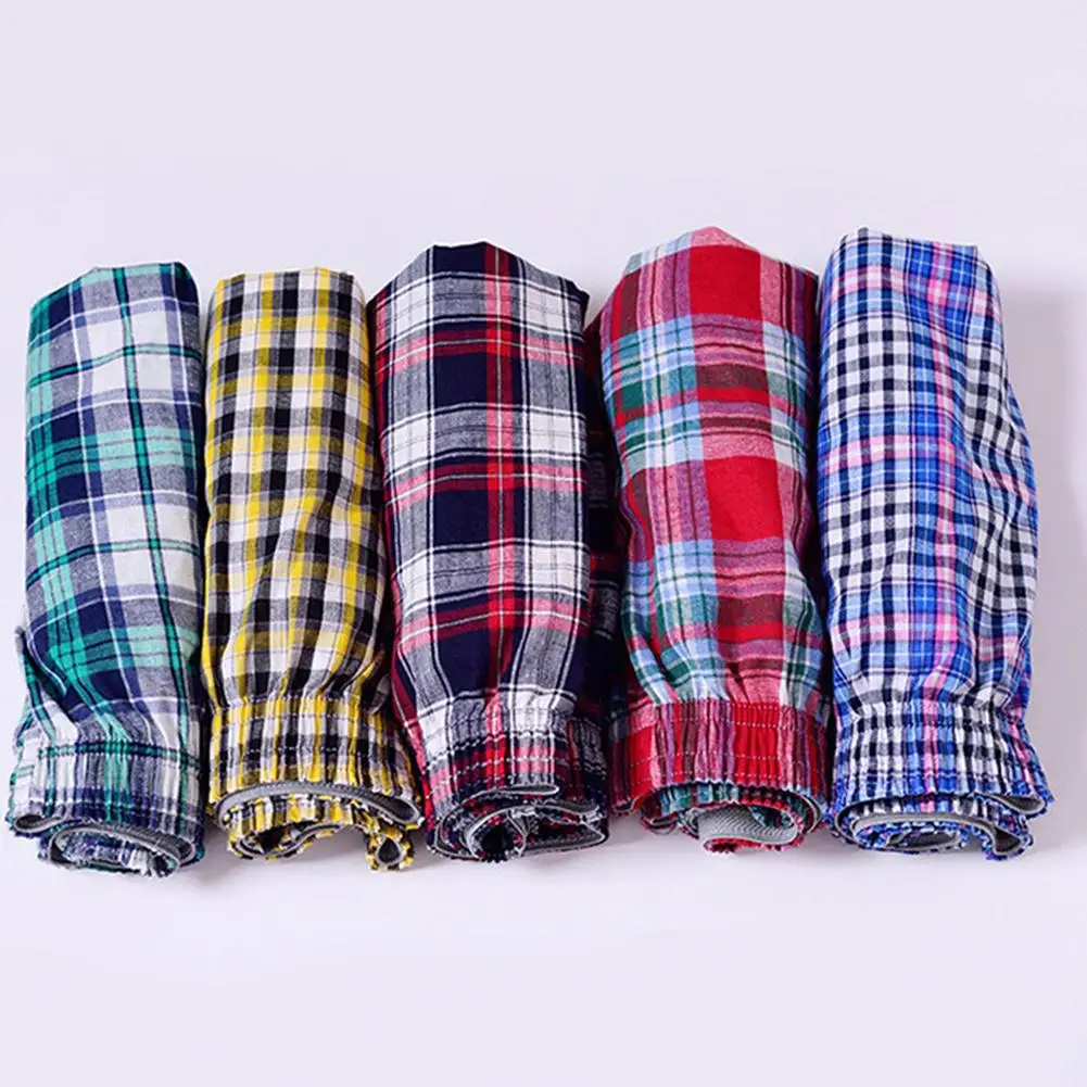 1pc Men\'s Cotton Arrow Boxers Casual Plaid Print Elastic Waist Underwear Summer Loose Breathable Beach Pants Boxers Shorts