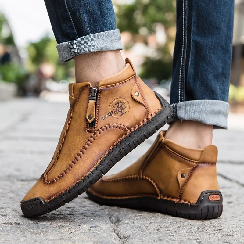 Spring Leather Men Short Boots Autumn Lace-up Flats Medium-top Shoes Outdoor Male Breathable Casual Shoes Handmade Men's Boots