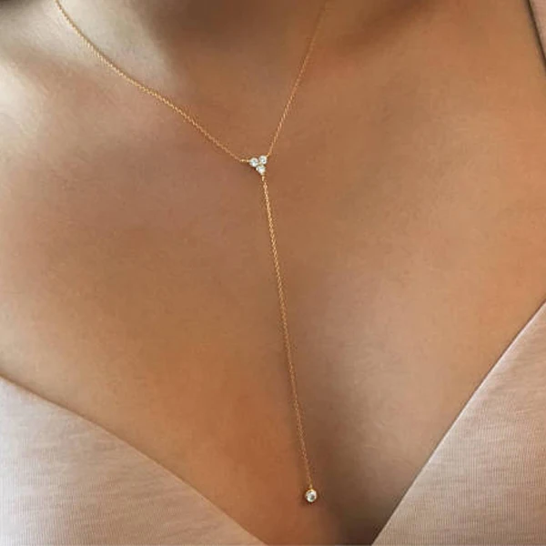 REAL 925 Sterling Silver Simple Long Chain Lariat Necklace Triangle Round Cz Charm Y Shaped Minimal Deilcate Dainty Women Style