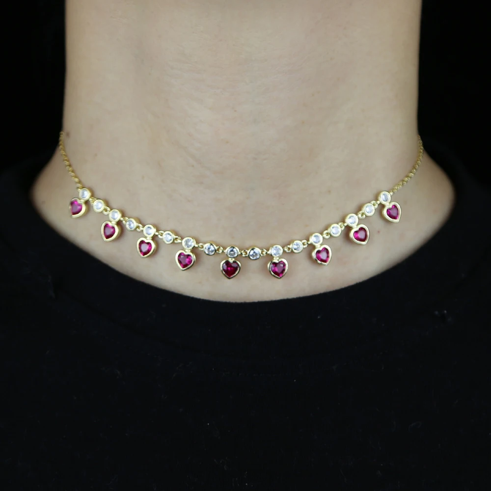 2026 High Quality Fashion Luxury 5mm Heart Choker Necklace Pave Red Green Blue White Crystal Wholesale Jewelry For Women Ladies