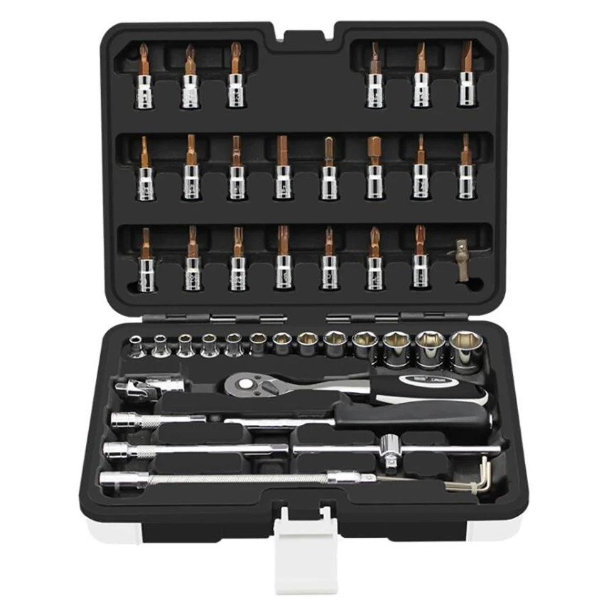 Socket Ratchet Wrench Kit with Plastic Storage Case, Auto Repair Tool Combination, Mixed Hand Tool Set, 46 PCs/Set, 1/4 in