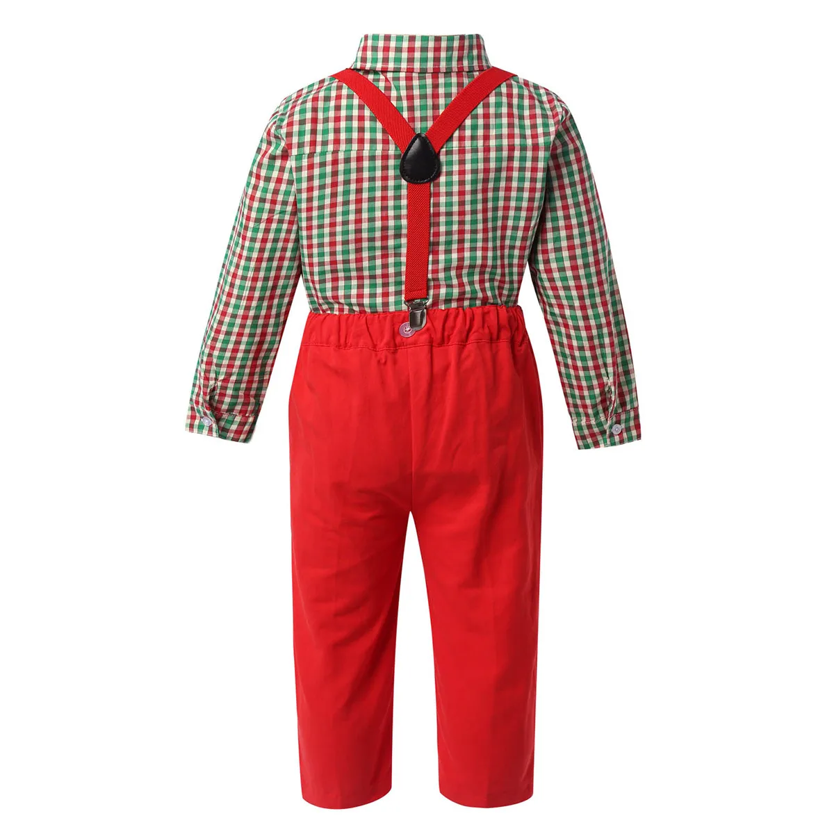 4Pcs Kids Boys Cosplay Christmas Party Suit Lapel Neck Long Sleeve Plaid Shirt with Bowtie Suspenders Pants Boy Gentleman Sets