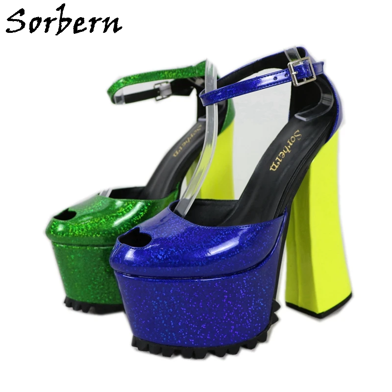 Sorbern Contrast Color Women Pump Block High Heels Ankle Straps Heart Peep Toe Thick Platform Chunky Heeled Shoes Fetish Style