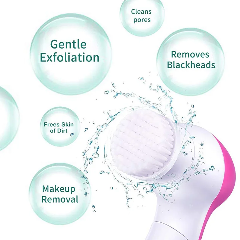 5 in 1 Facial Cleansing Brush Face Pore Cleaner Washer Facial Skin Care Cleaning Brush Set 2 Speeds Massager With 5 Brush Heads