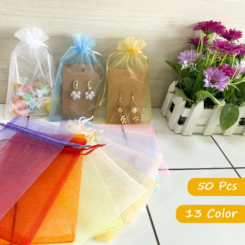 Wholesale 50pcs/lot Adjustable Organza Bag Jewelry Packaging Bags Wedding Party Display Decoration Drawable Bag Gift Pouches