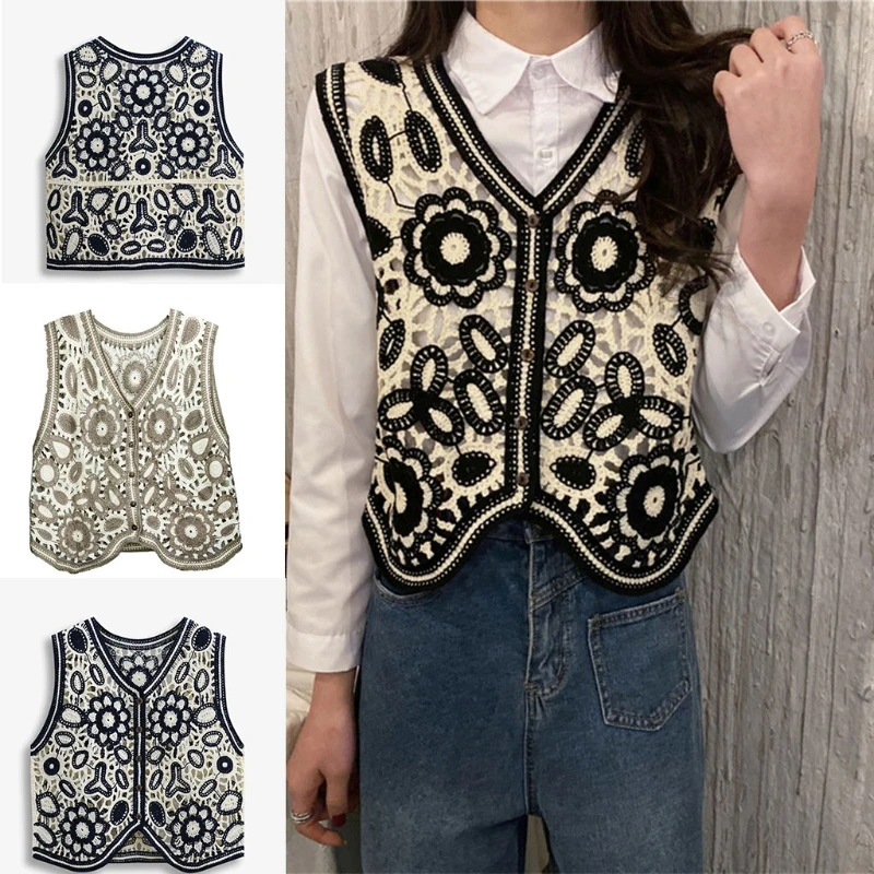 Women Vintage Hollow Out Crochet Crop Vest Embroidery Floral Sleeveless Jacket