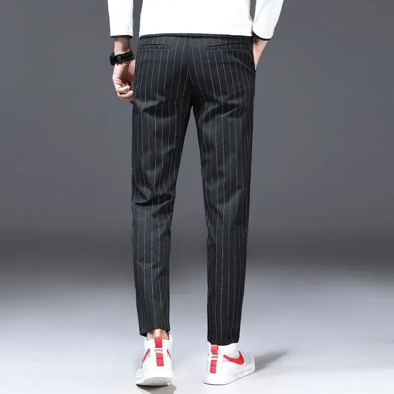 High Quality Men Pants Black Vertical Striped Suit Pants Autumn Mens Classic Business Elastic Waist Slim Plaid Casual Trousers