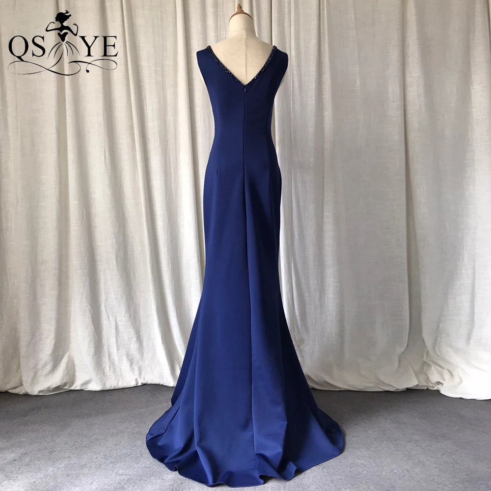 Navy Prom Dresses Stretch Mermaid Avondjurk Kralen Kristallen Lange Formele Party Gown V-hals Blue Prom Gown Mouwloze