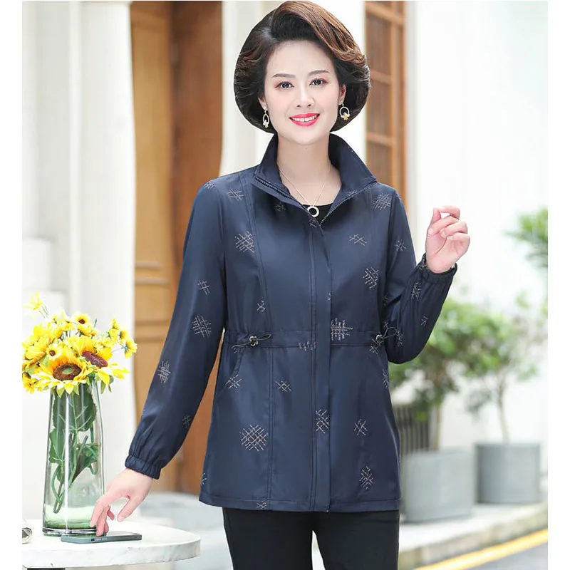 2022 Spring Autumn New Middle-aged Mother Printing Long Sleeve Female Coat Fashion Drawstring Zipper Loose Ladies Jacket