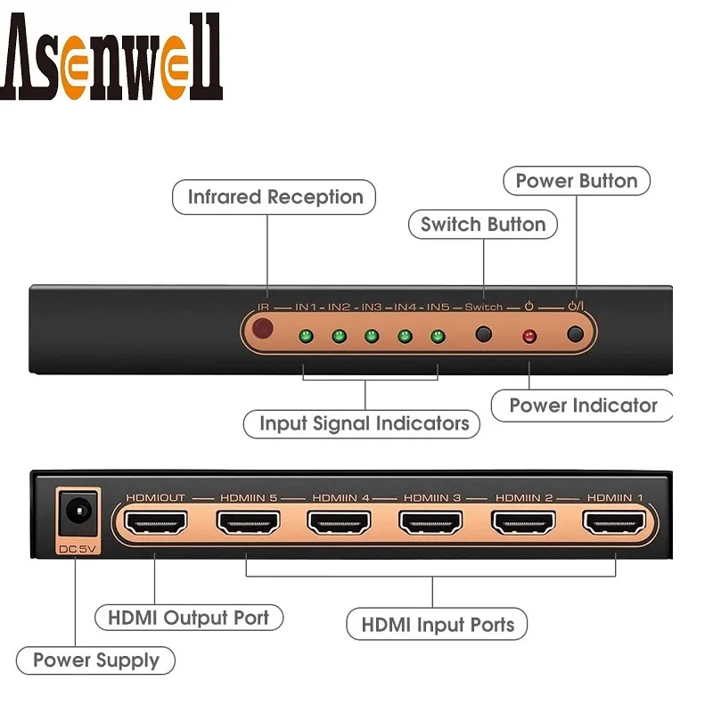 HDMI Schalter 4K @ 60Hz 5 In 1 Heraus UHD HDR10 v 2,0 Splitter 5 Port 4K fernsteuerung IR 18Gbps 1080P 3D Smart HDCP 2,2 für TV BOX PS4