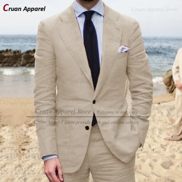 2022 Latest Summer Linen Beach Mens Suits Set Slim Fit Groomsmen Groom Wedding Blazer Formal Casual Thin Khaki Jacket Pants 2Pcs