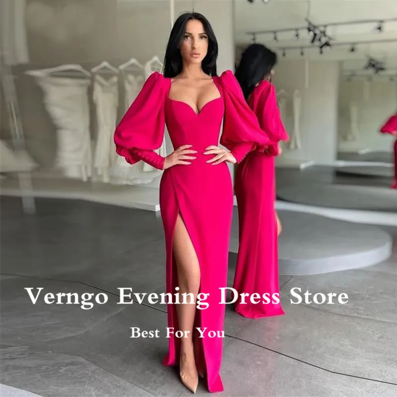 Verngo Nieuwe Vintage Champagne Puff Lange Mouwen Avondjurken Slit Sweetheart Stretch Satijn 2023 Moderne Formele Party Gown