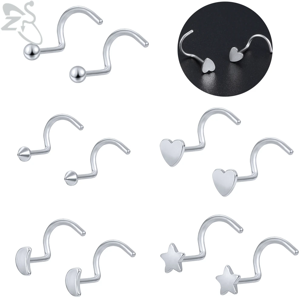 

ZS 1 PC Silver Color Moon Star Nose Rings Women's 5 Shape Bent Septum Piercing Surgical Steel Hook Nostril Body Piercing Jewelry