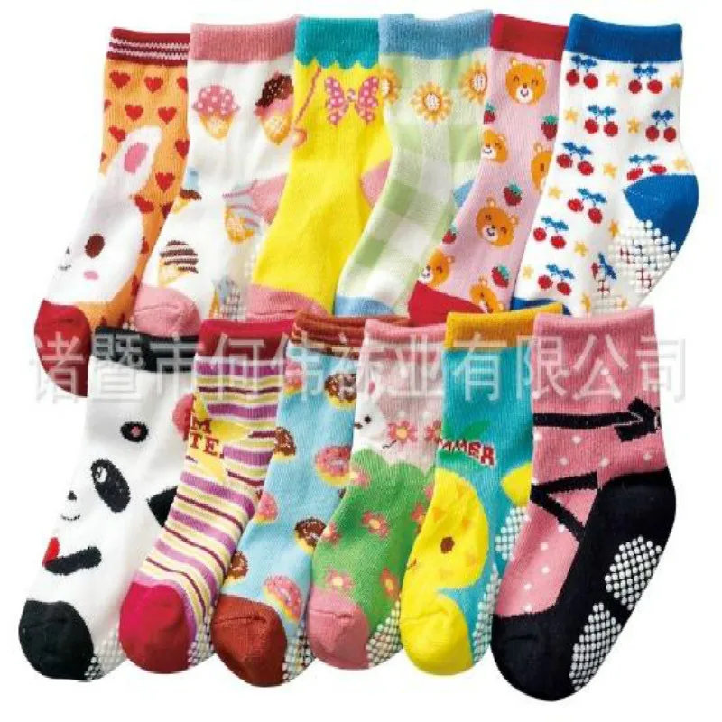 

100% Cotton Baby Socks Rubber Slip-resistant Floor Sock Cartoon Car Flower Animals Small Kid's Socks 1-3t 12 Pairs/lot