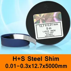 Plantilla de acero inoxidable H + S DIN INOX 1,4310 H + S HS, molde espaciador, relleno Hecho en Alemania 0,01-0,03x12,7x5000mm, paquete Original