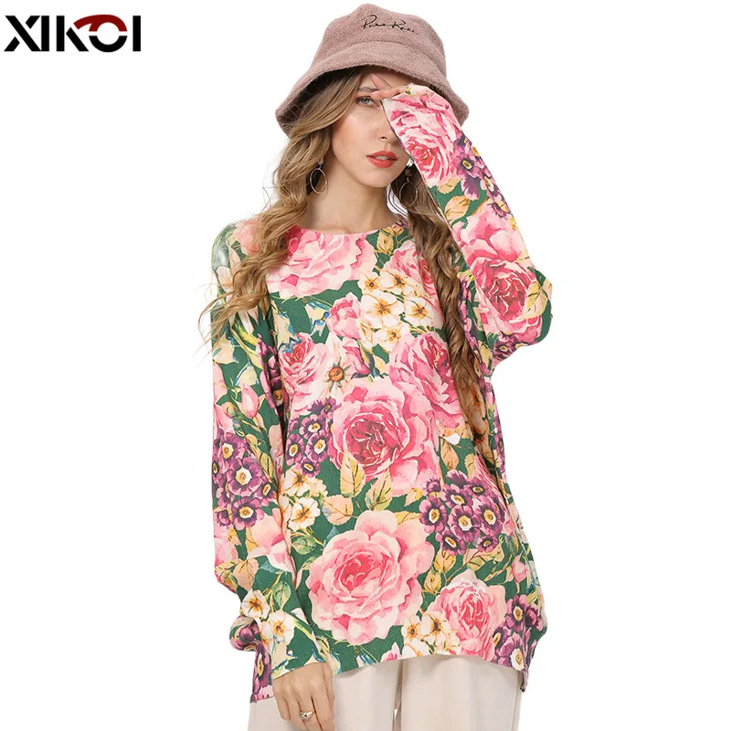 【SO BEAUTIFUL】Winter Flowers Print Sweater Women Pullovers Knitted O-Neck Oversized Jumper Warm Sweaters High Elastic Pull Femme