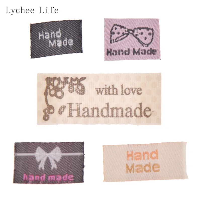 Lychee Life 100Pcs Hand Made Cloth Labels Printed Handmade With Love Garment Labels Tags For Clothes Bags Diy Sewing Materials