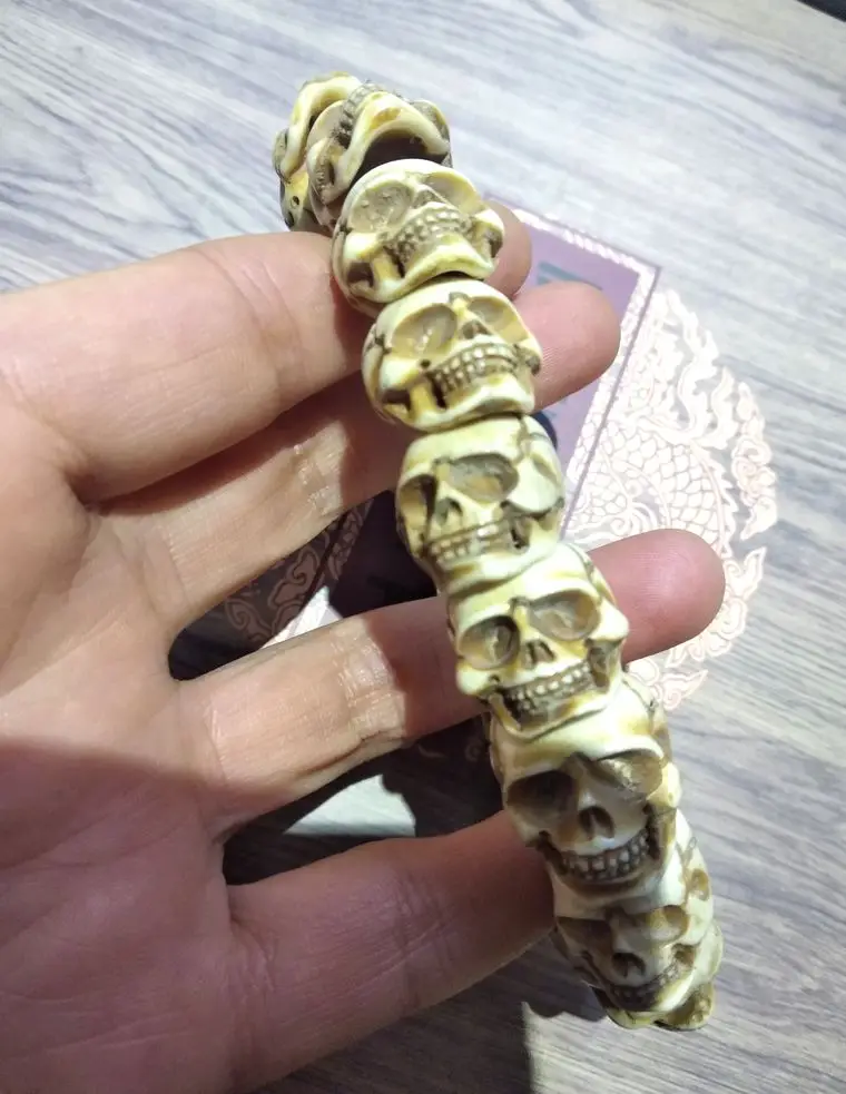 Vintage Magical Bangle Carven Death's-head Bead Bracelet Amulet Churinga Skull Very Valuable