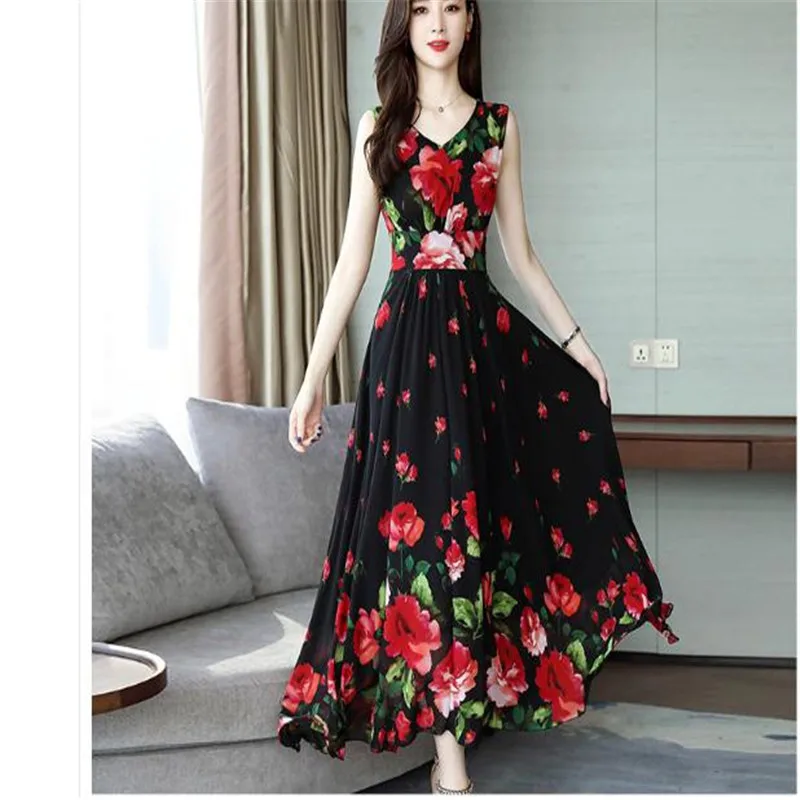 

2020 summer new printed chiffon Dress sleeveless waist V-neck was thin Print Big swing dress