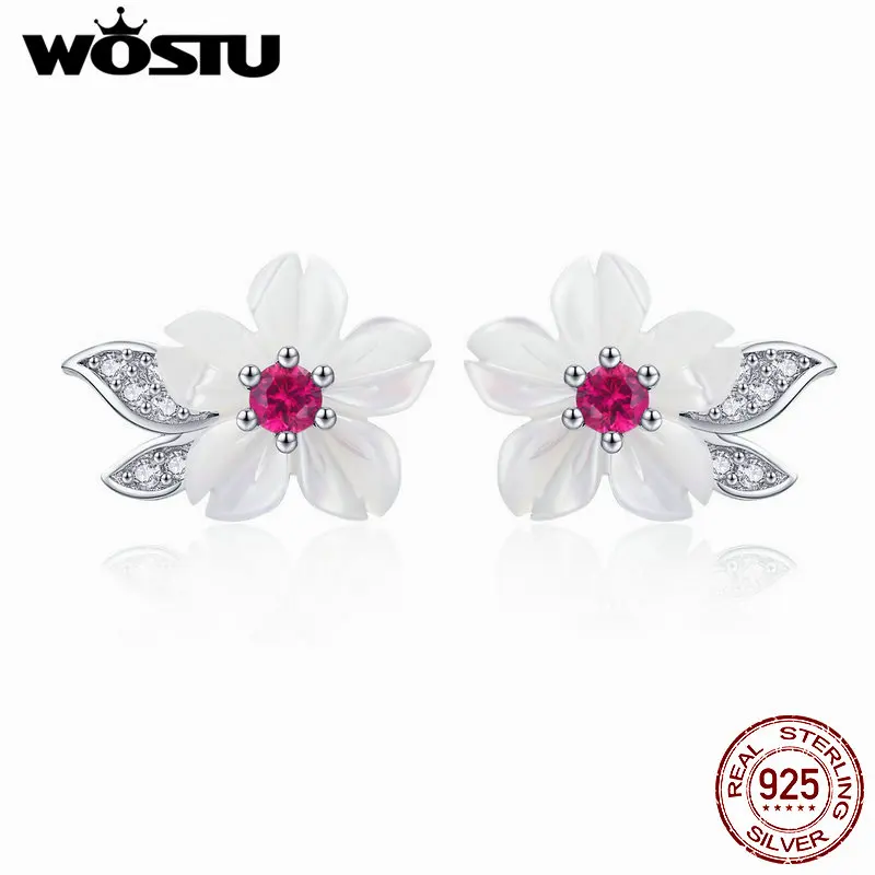 

WOSTU White Shell Flower Stud Earrings 925 Sterling Silver Clear CZ Elegance Small Earrings For Women Delicate Jewelry CTE055