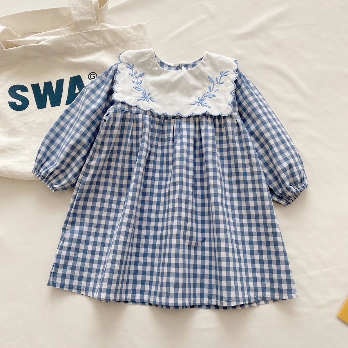 

Check Dress Baby Girls Spring Autumn Blue Plaid Dresses With Long Sleeve Korean Style 1-6Y