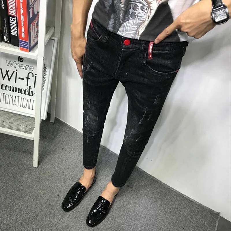 Calças de brim de moda masculina 2020 calças de brim dos homens magro ajuste jeans coreano stretch preto velho roupas sociais para adolescentes calças de lápis