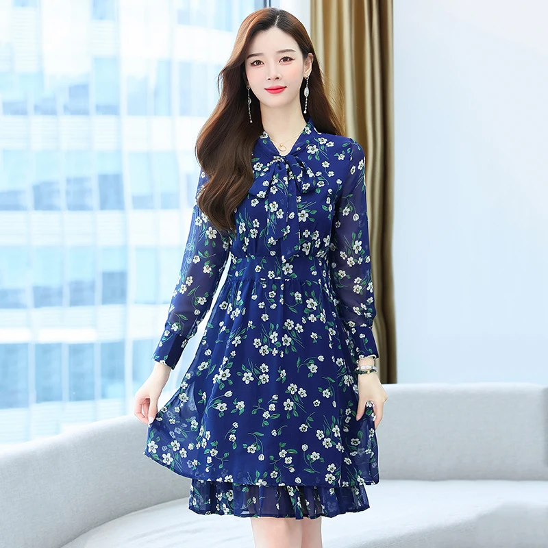 2024 Black V-Neck Sexy Party Midi Vestido Women Korean Floral Chiffon Casual Beach Dress Women Elegant Bodyocn Long Sleeve Dress