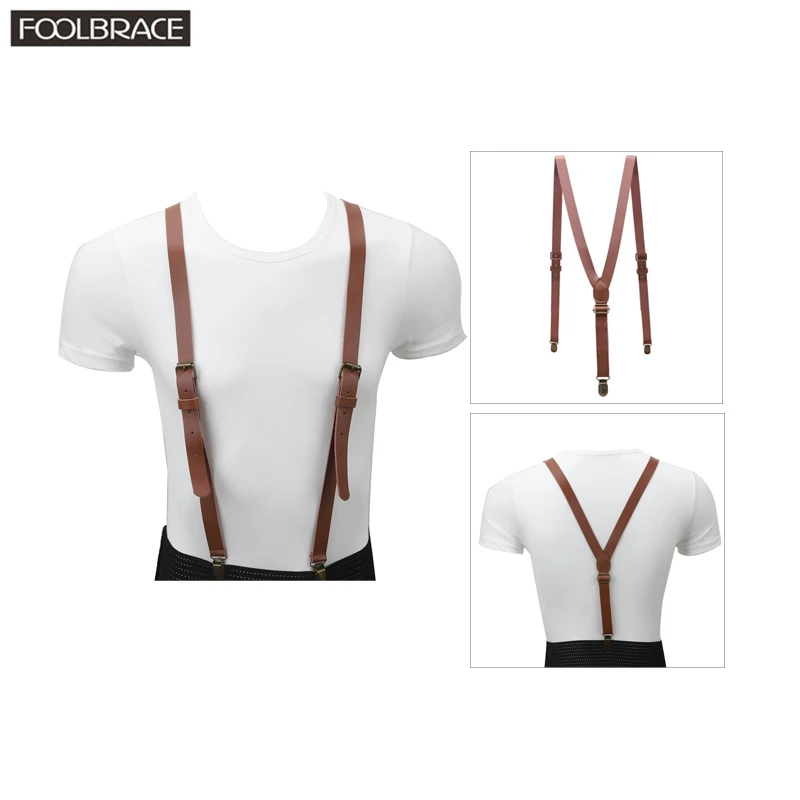 

110*2cm Vintage Genuine Leather Suspender Mens/Women Adjustable Belt Bronze Brace Clips On Y-back Braces