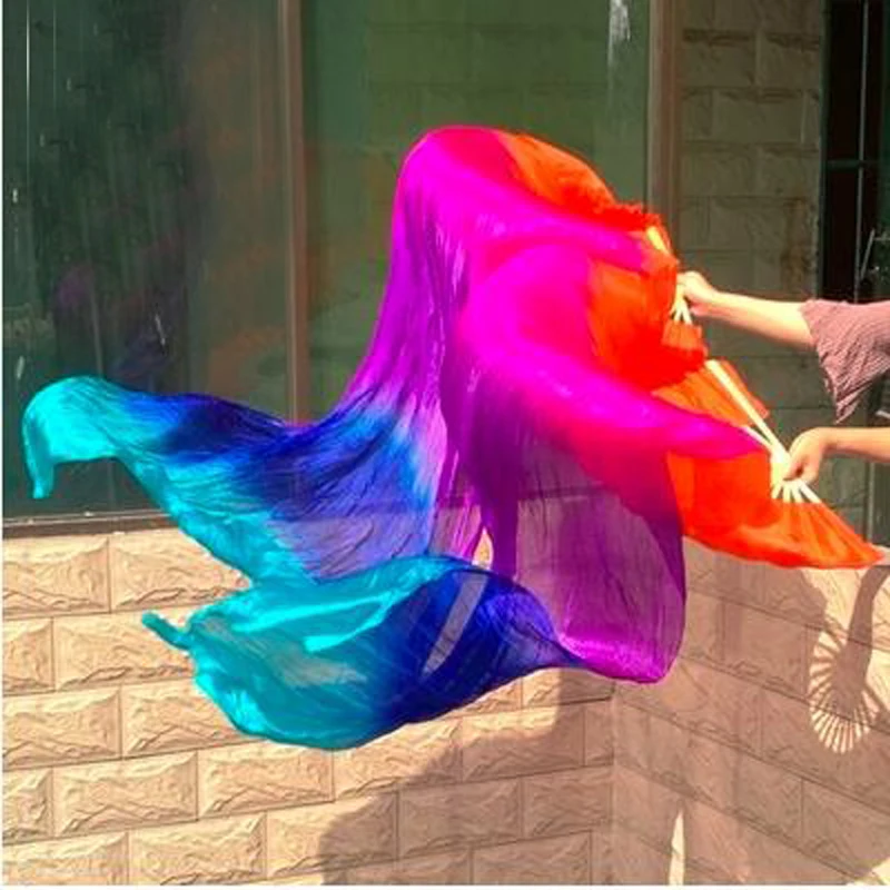 ยอดนิยม Gradient สี Belly Dance ผ้าไหมพัดลม Veil ผู้หญิง Multicolor ยาวพับแฟนๆสำหรับ Stage Performance Props พัดลม1คู่