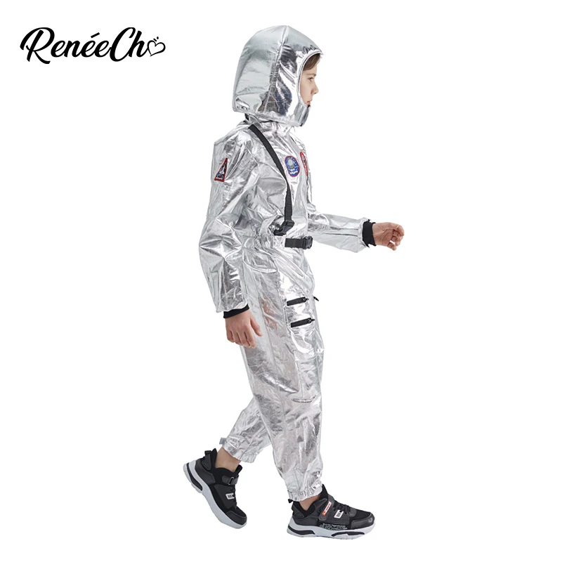 Reneecho Kids Astronaut Costume Sliver Boys Space Man Cosplay Jumpsuit And Hat 2 Piece Set Baby Halloween Costume For Kids