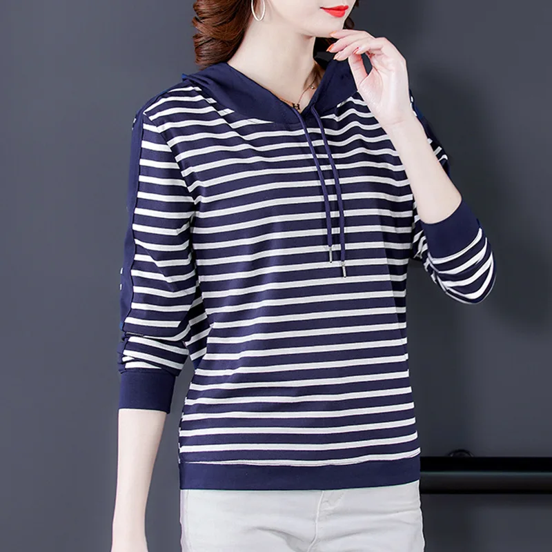 

Oder Cotton Spring and Autumn Hoodie Loose Stripe T-shirt Women's 2021 New Pullover Casual Long Sleeve Hoodie