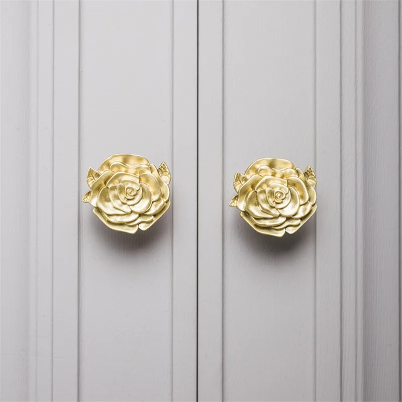 Golden Solid Brass Furniture Handle Rose Leaf Flower Drawer Pulls Cupboard Wardrobe Cabinet Door Knobs For Room Decoration