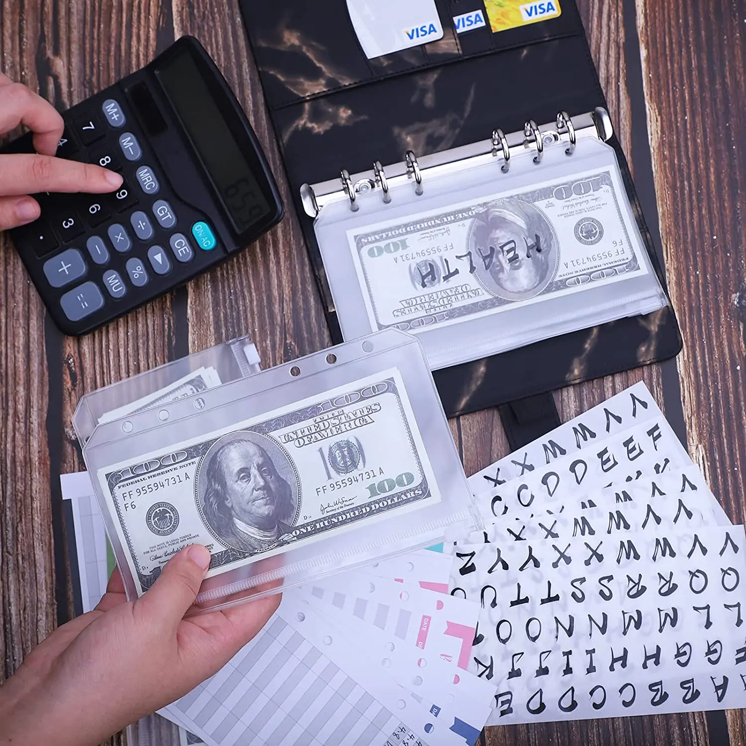 A6 PU Leather Budget Binder with Binder Pockets, Expense Budget Sheets, Sticker Labels,Budget Money Saving Cash Envelopes System