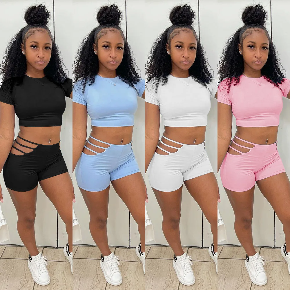 

2 Piece Set Women Clothing Sport Crop Top T-Shirt+Hollow out Shorts Workout Sportwear Push Up Leggings Gym Set Women