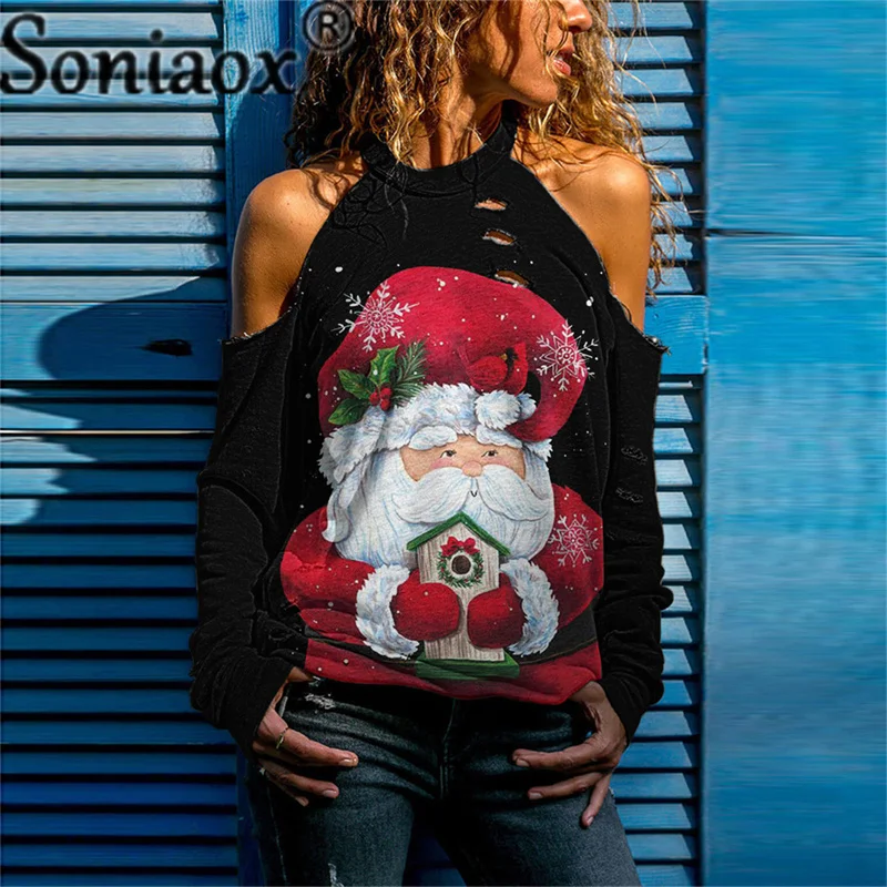 

Autumn Winter Women Christmas Deer T Shirt Long Sleeve Off Shoulder Loose Santa Claus Print Tops Female Cartoon Pullovers Tee