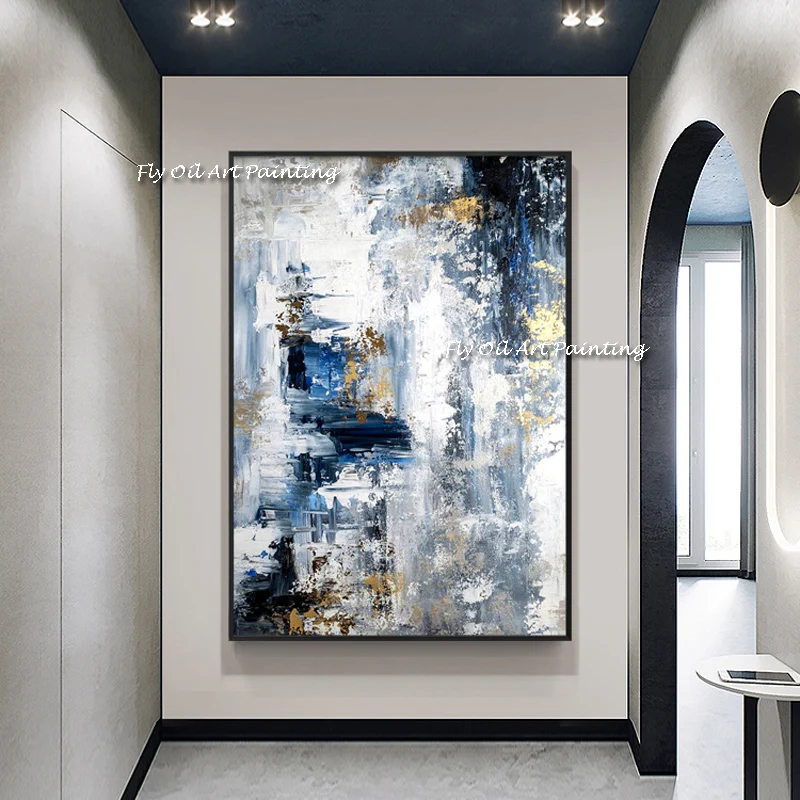 

Modern 100% Hand Painted Abstract Gold Foil Blue Canvas Oil Painting Huge Size Wall Art Picture For Living Room Decoration