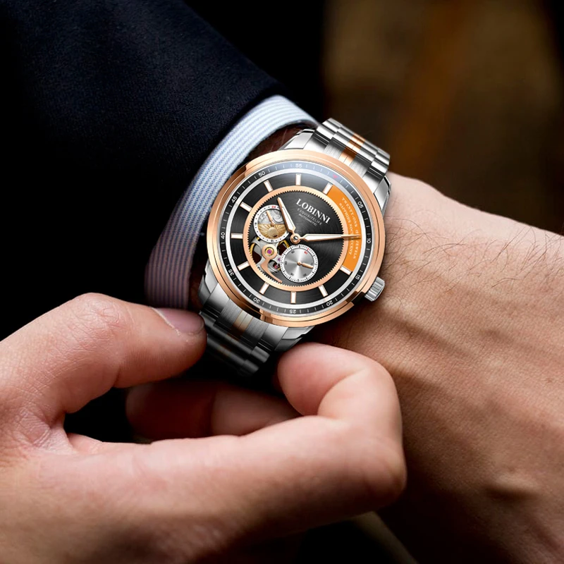 LOBINNI العلامة التجارية الفاخرة الرجال فستان ساعة الياقوت الزجاج مقاوم للماء الساعات التلقائي ساعة ميكانيكية ميوتا حركة على مدار الساعة