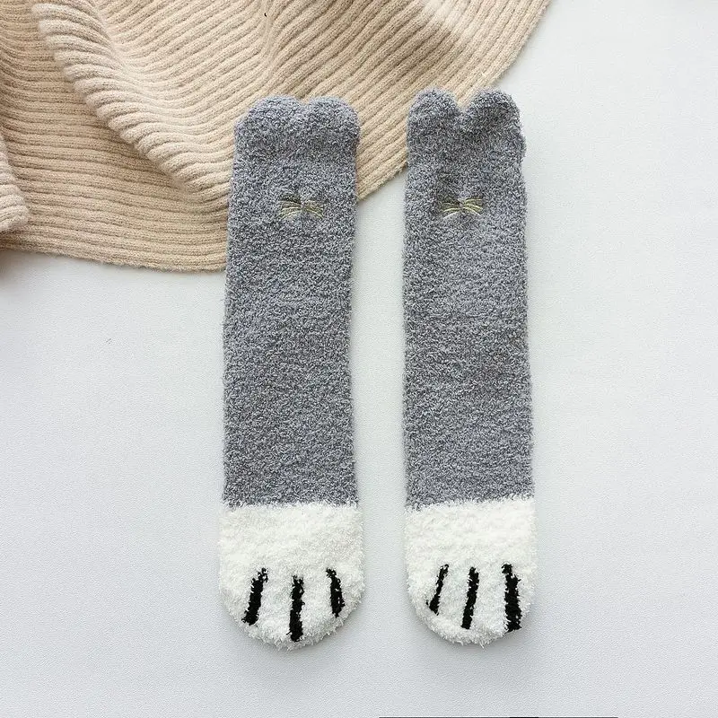 Winter Thicken Warm Women Socks Ears Cat Paw Cartoon Lovely Sleeping Home Floor Bedroom Socks Harajuku Kawaii Girl Sox