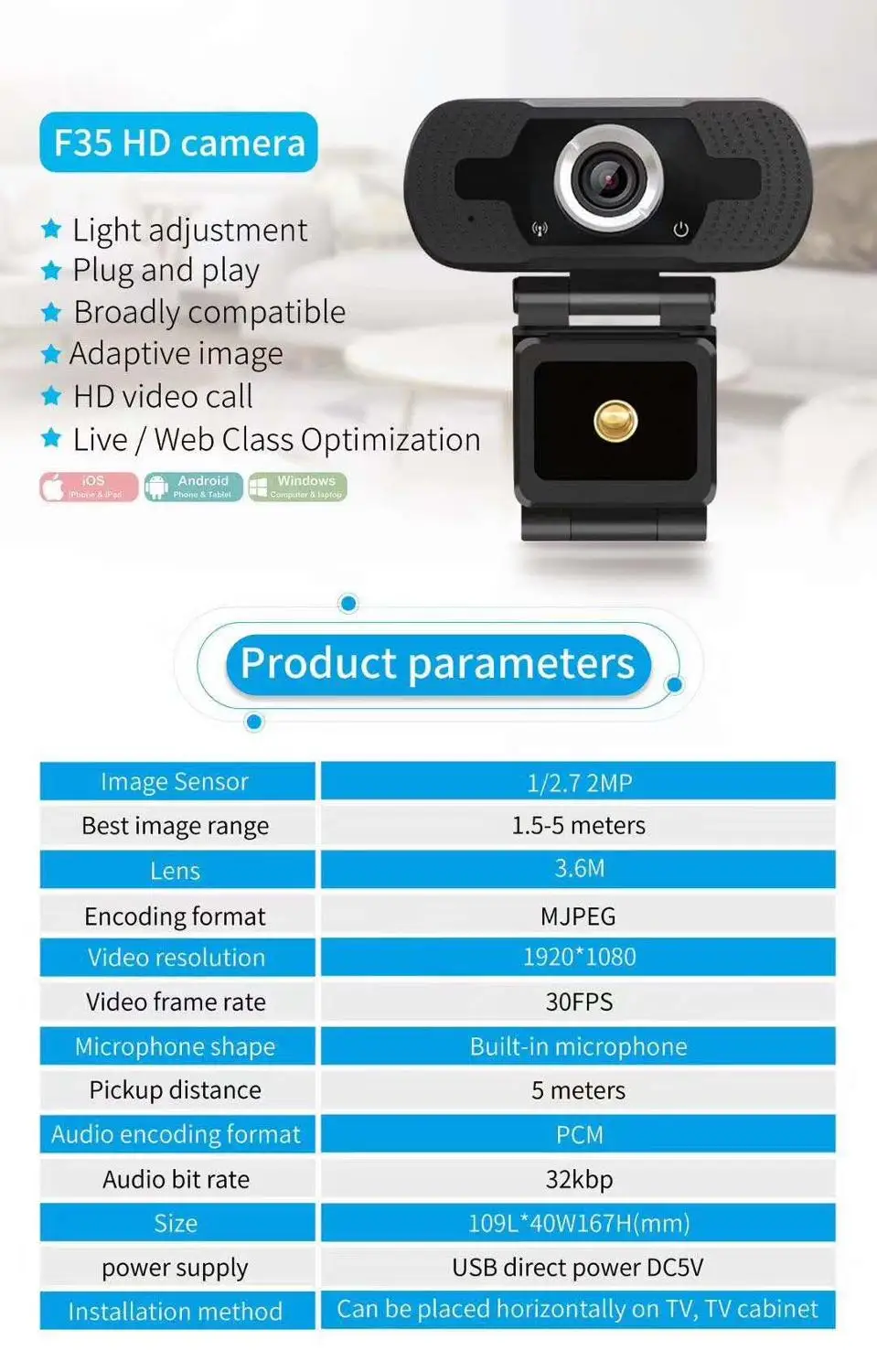 

2MP 1080P USB Webcam For Online Teaching IP Board Cast P2P CCTV Camera