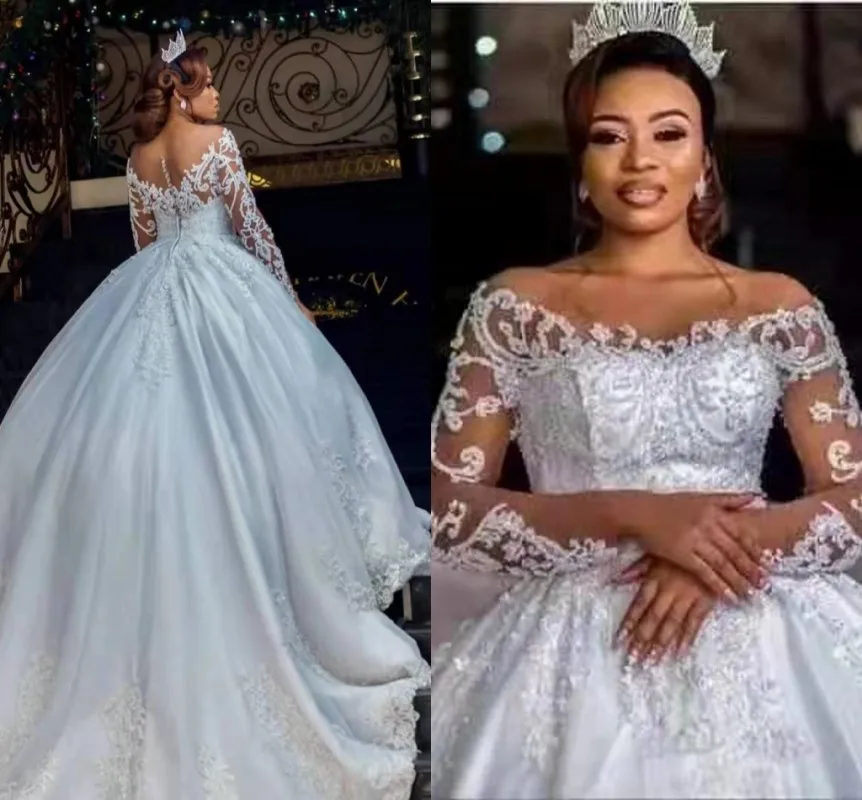 Arabic Dubai Luxury Lace Bride Wedding Dress 2023 Sheer Neck Long Sleeves Pearls Bridal Gown Robe De Soirée De Mariage HY98