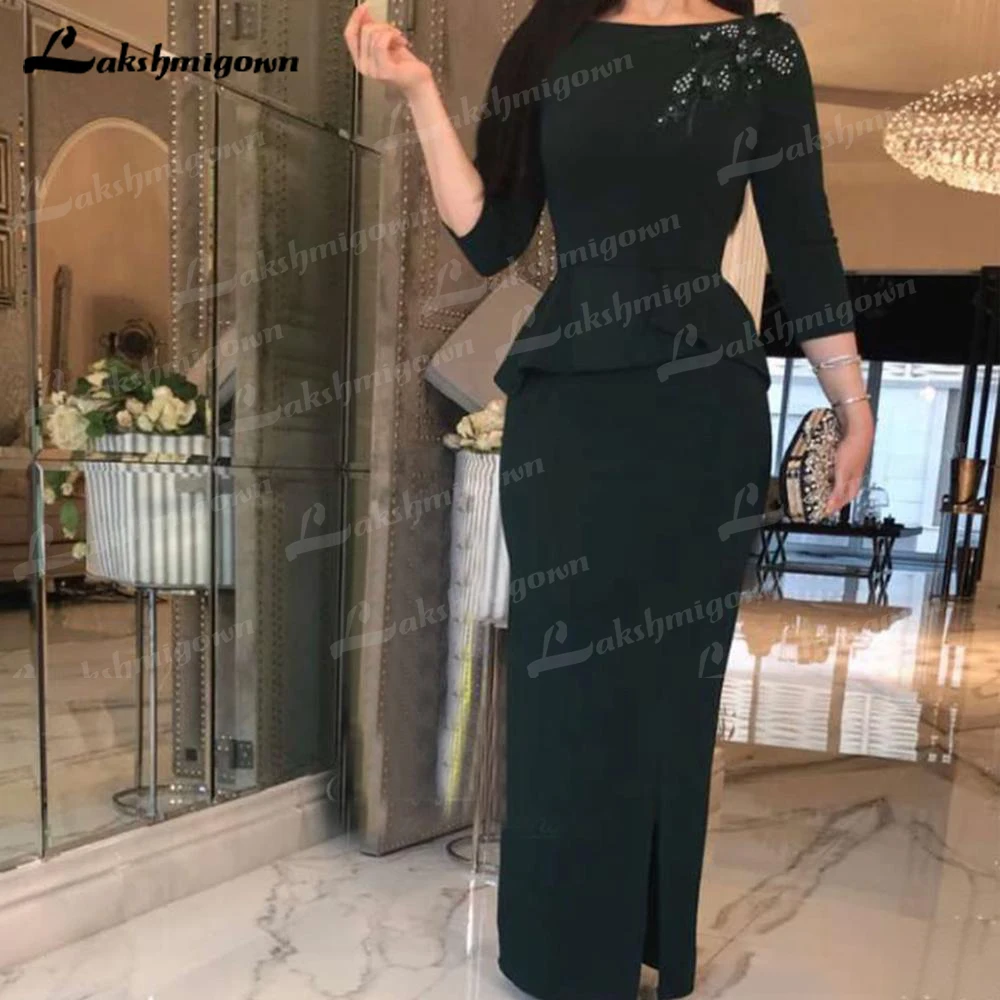 Black Sheath Floor Length Mother of the Bride Dresses with Three Quarter Sleeve Ruffles Waist Evening Gown Side Split Prom Dress