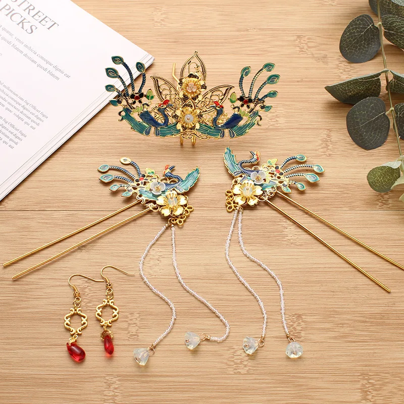 Women's Blue Phoenix Crown With Hairpin Earring Set Chinese Hanfu Headdress