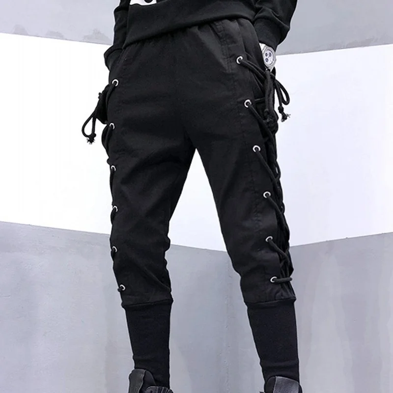 Hip street hop harem pants men drawstring cintura elástica fino ajuste calças lápis personalidade preto casual masculino S-2XL