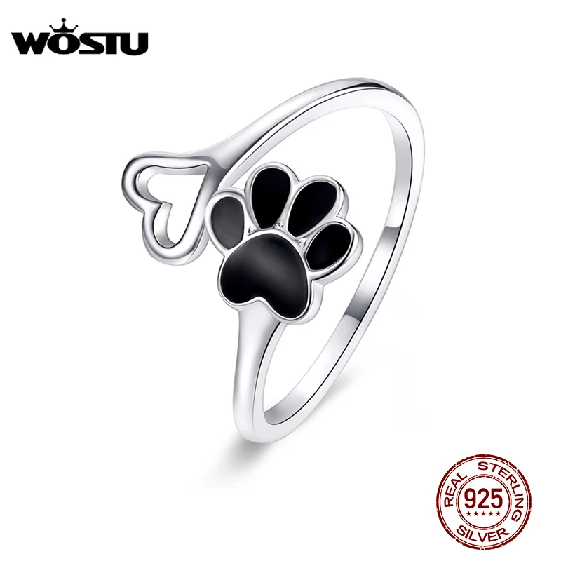 WOSTU 925 Sterling Silver Paw Dog Footprint Heart Rings Black Enamel Adjustable Ring Finger For Women Fashion 925 Jewelry CQR584