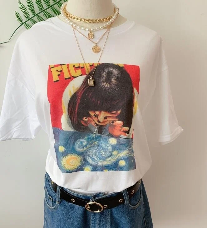 

Sunfiz HJN Pulp Fiction Starry Night Unisex T Shirts Mia Wallace Movie T Shirt Women Harajuku Ullzang 90s Korean T-shirt